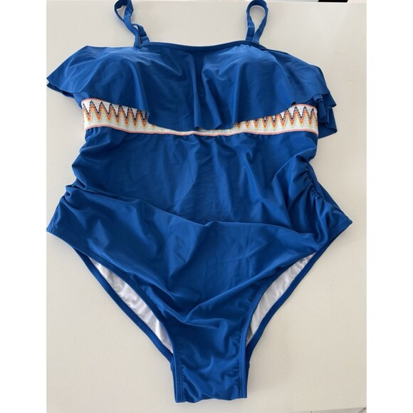 Womens Plus Size One Piece Swimsuit Ruffle Trim Tummy Control blue size 3X - Picture 7 of 16